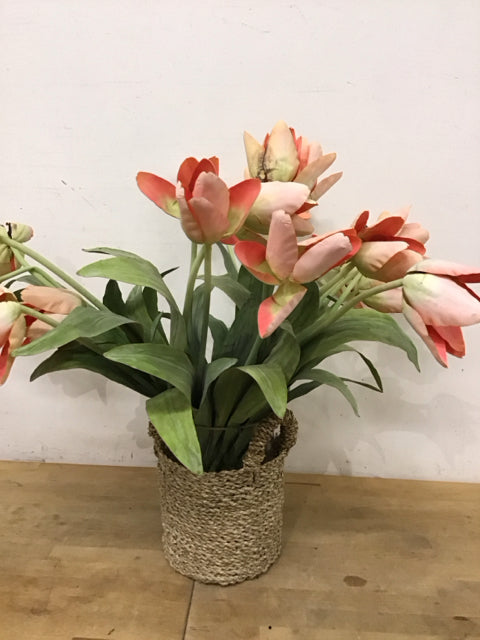 Faux Orange & White Tulips In Woven Basket