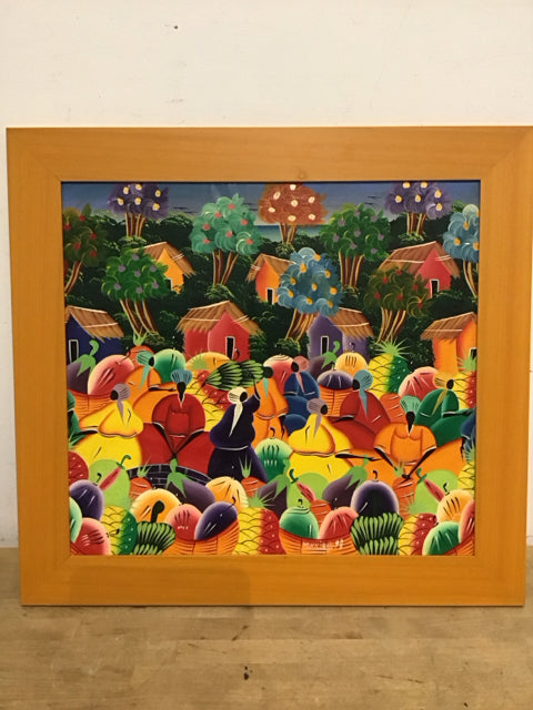 25"x27" Colorful Marketplace Oil Painting Signed