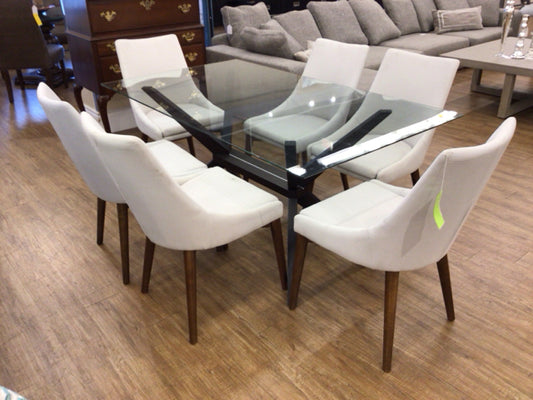 AS-IS Set Of 6 Grey Fabric Wood Leg Dining Chairs(Light Soil)