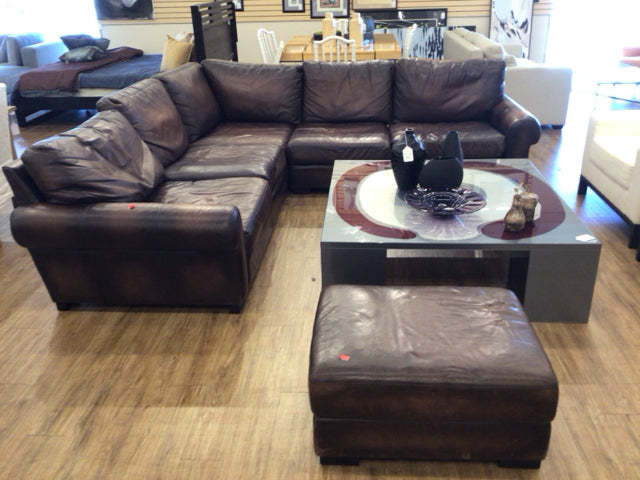 PB Brown Distressed Leather 4 PC Sectional W/Ottoman