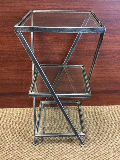 30" 3 Tiered Distressed Gray Metal End Table