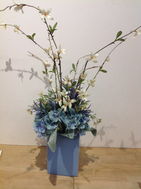 23" Faux Hydrangeas & Orchids in Blue Vase
