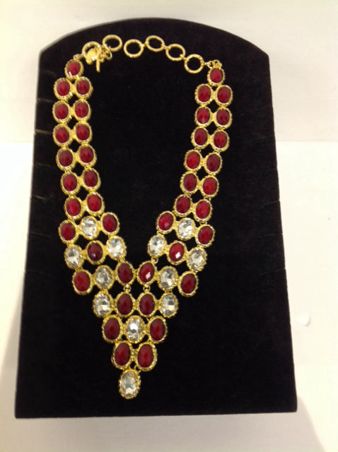 Gold Necklace w/Clear & Red Beads