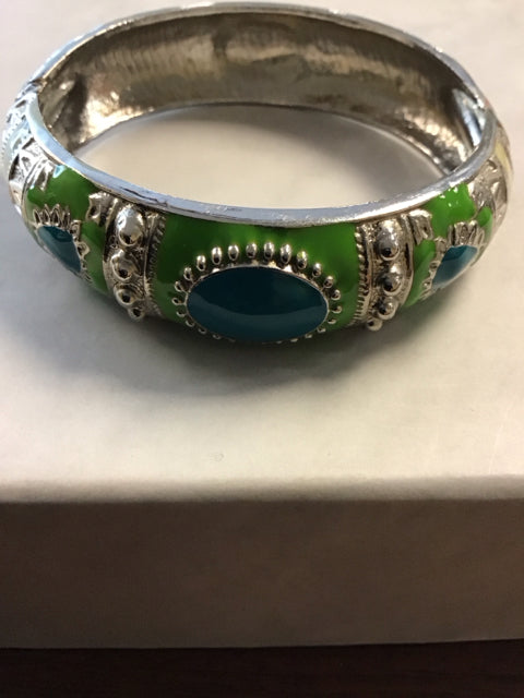 Silvertone W/Green & Turquoise Enamel Bangle
