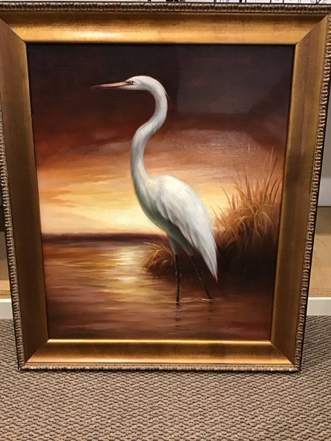 20x36 Framed White Heron in the Marsh
