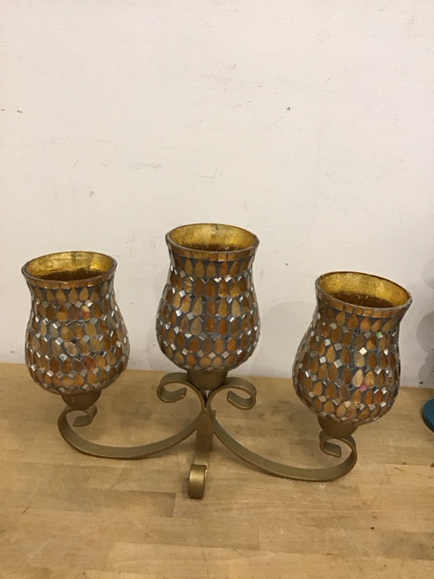 Gold Mirror Mosaic 3 Candle Holder