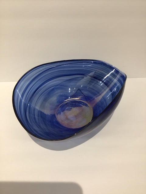 13" Art Deco Blue Glass Swirls Oval Bowl