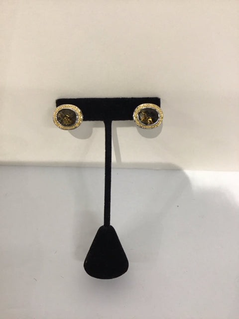 Two-Tone Oval Earrings w/Brown Stones