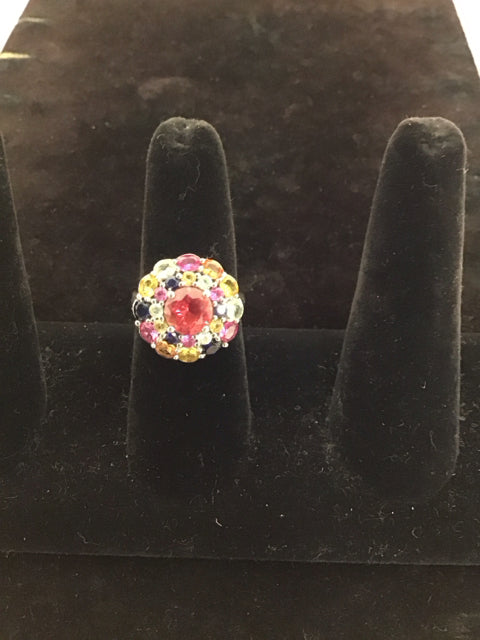 Silver Ring w/Rd Multicolor Stone Design