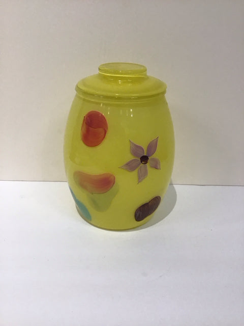 10" Art Glass Yellow Jar w/Florals w/Lid