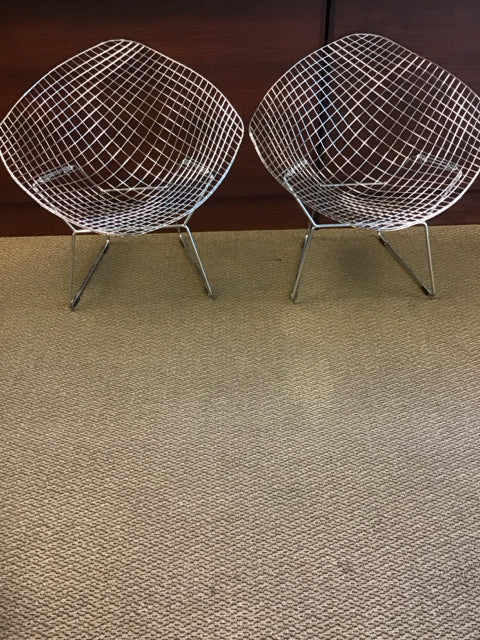 Pair Of Bertoia Style Chrome Diamon Pattern Metal Chairs
