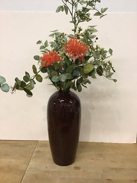 Orange Protea w/Eucalyptus Brown Ceramic Vase
