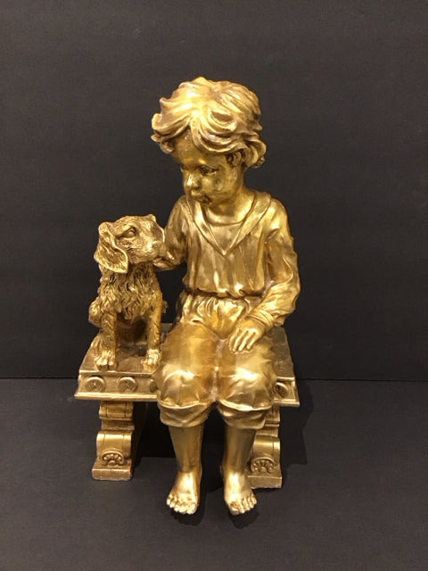 12" Gold Painted Boy w/Dog Sculpture
