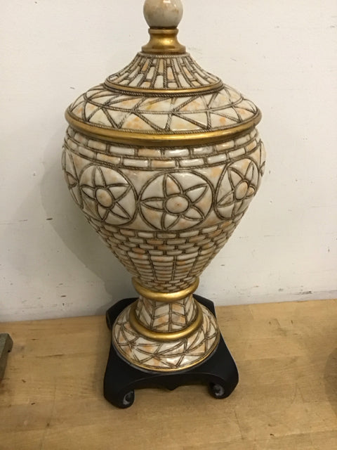 19" Cream Stone Like Resin With Gold Trim Decorative Lidded Urn W/Black Base