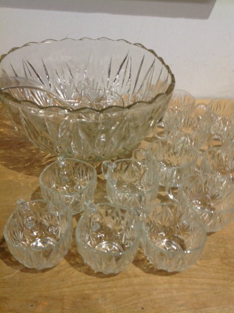 14" Pc Cut Glass Punch Bowl Set