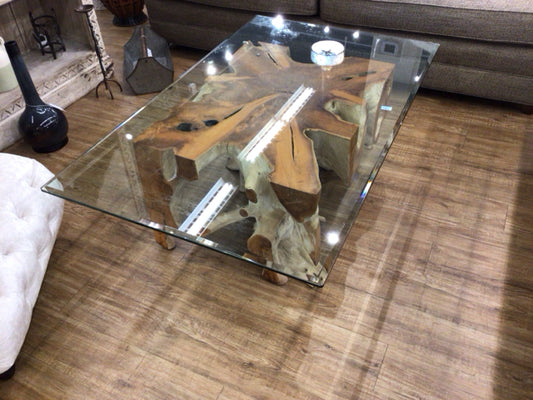31 1/2" X 51" Birch Wood Beveled Glass Top Coffee Table