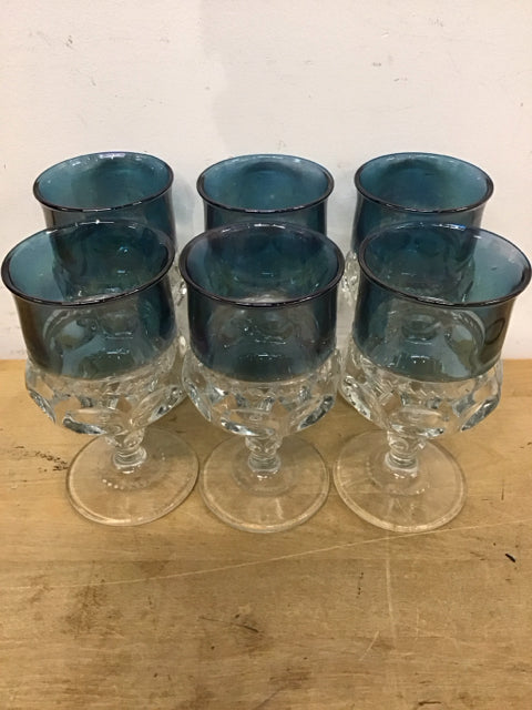 Set Of 6 Tiffin King Crown Blue Goblets Stemware