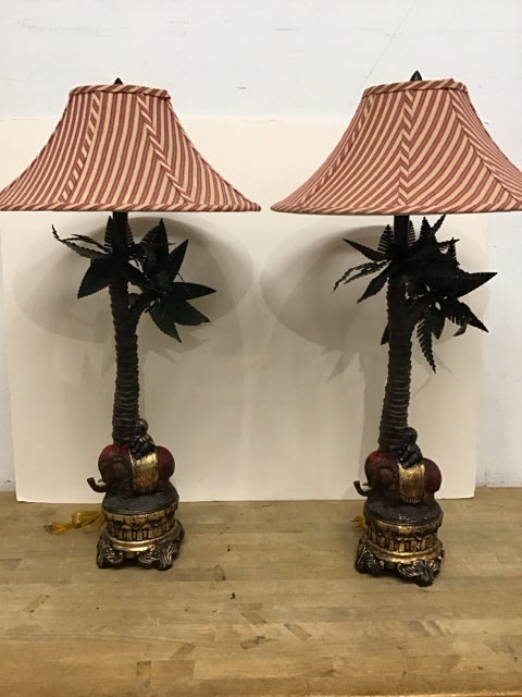 Pair Elephant Palm Tree Lamps w/Shades