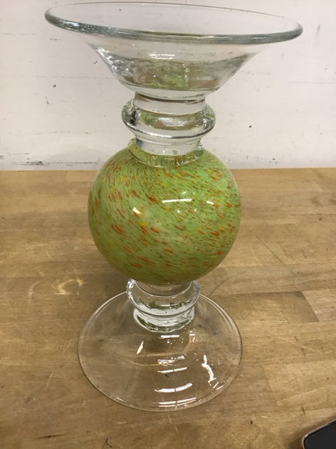 9" Decorative Glass Green Yellow & Orange Spherical Center Candle Holder