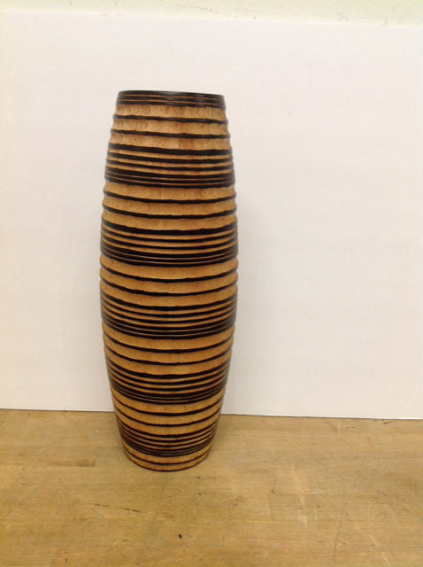 16" Carved Wooden Vase w/Black Stripes