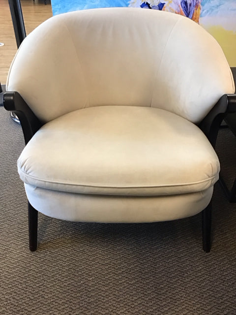 Barrell Style Cream Upholstered Wood Lounge Chair