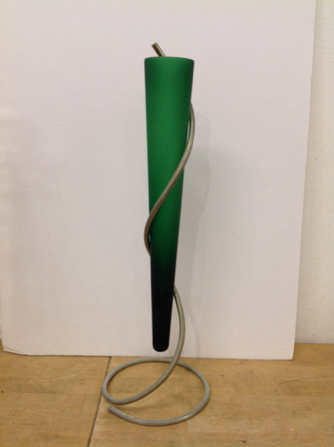 19" Green Glass Vase on Metal Stand