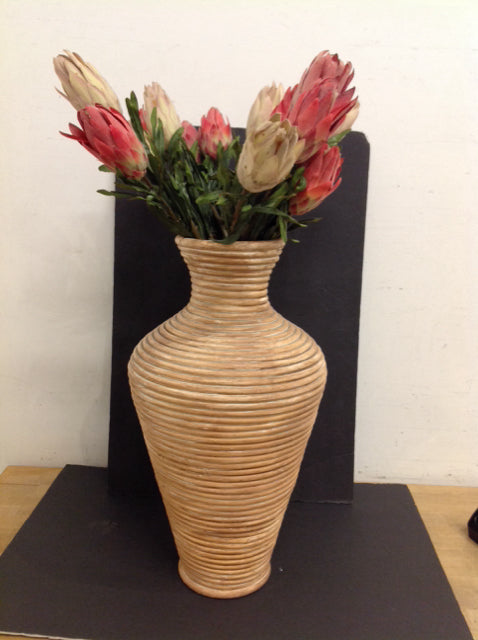Pink/White Thistle Flowers in Rattan Vase