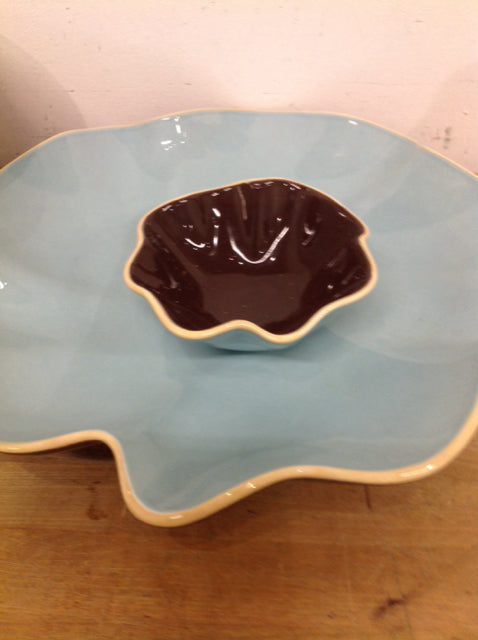 Bowl- 15" Blue & Brown Ceramic Dip