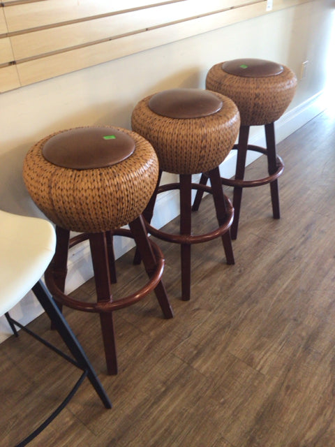 Set Of 3 Palecek Backless Rattan Bar Stools