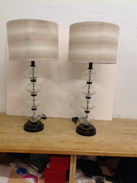 Pair PB Stacked Glass Lamps w/Bronze Base & Shades