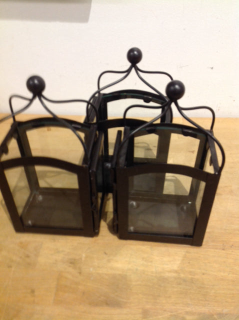 Set Of Bronze & Glass Metal Lanterns