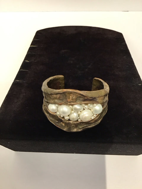 Abstract Gold Cuff Bracelet w/Faux Pearls