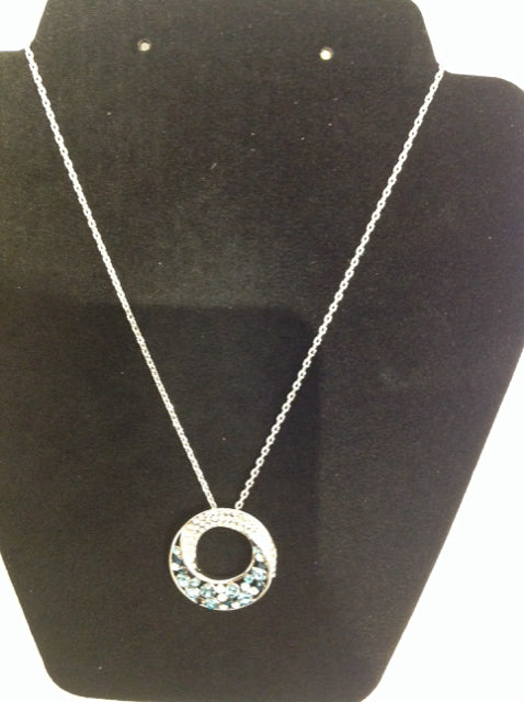 Silver Necklace w/Blue Beads & Rhinestone Pendant