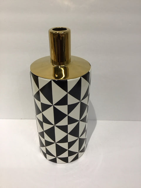 Black/White Painted Ceramic Vase w/Gold Top