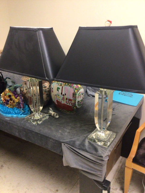 AS-IS Pair Of Crystal Table Lamps W/Black Shades(Shade Dmg)