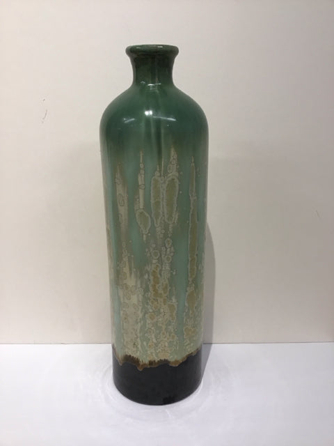 21" Green Glaze Pottery Vase w/Brown Base