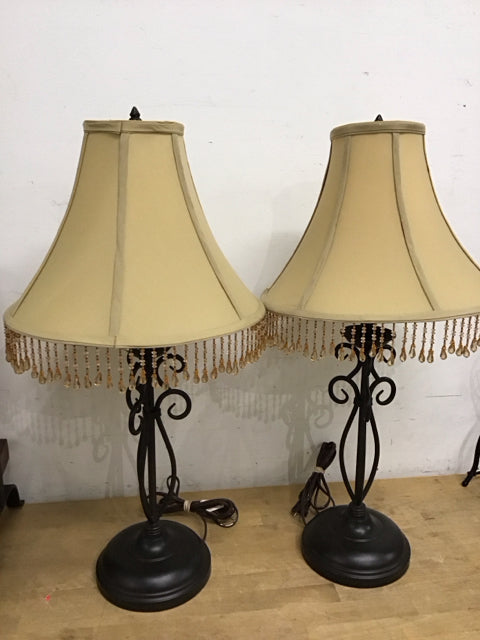 Pair Of 28" Metal Scroll Table Lamps W/Beaded Shades