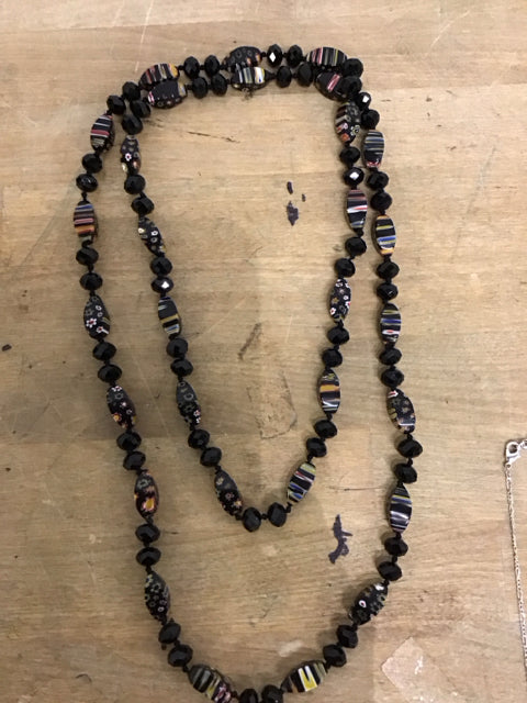 Vintage Venetian Style Millfiori & Black Glass Beads Necklace