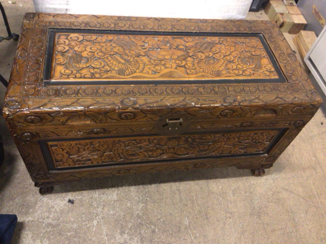 34 1/2" X 16" Carved Wood Hope Chest