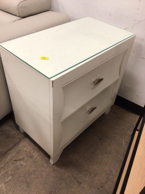 26" X 14 1/2" AS-IS Glass Top Two Drawer White Nightstand(Chip/Knick)