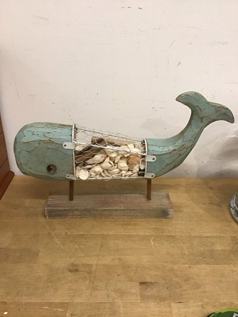 18" Wooden Whale W/Shells Sculpture