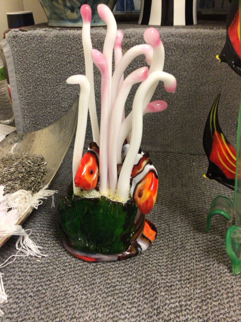 Pair Of Art Glass Clown Fish In Sea Anemone
