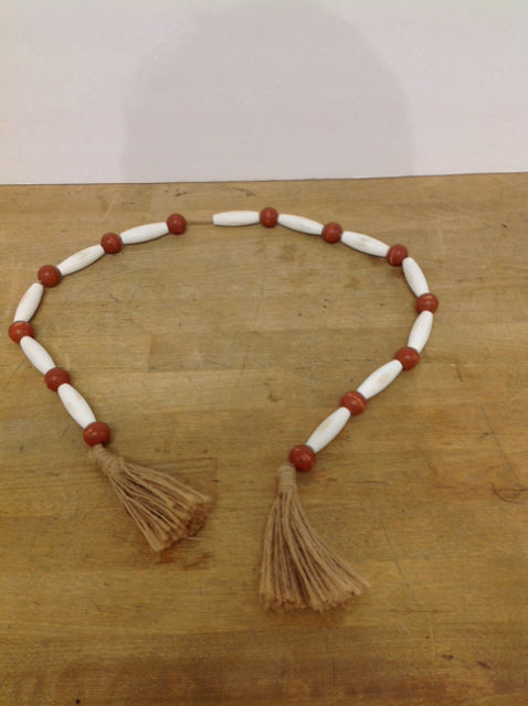 32" White/Brown Wooden Bead Strand w/Tassels