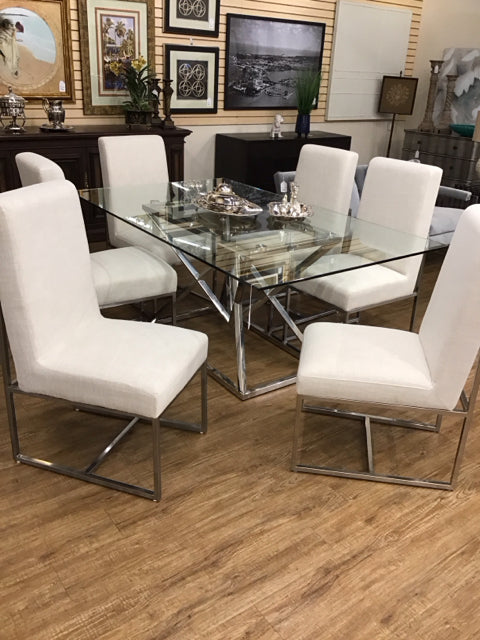 Set/6 Tan Upholstered Chrome Dining Chair Set