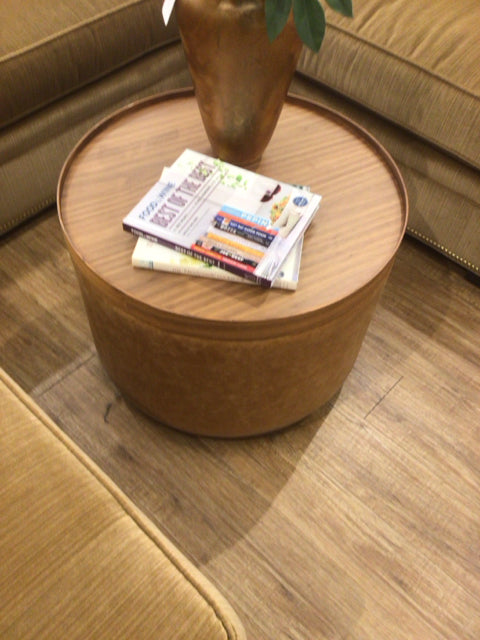 Round Wood & Leather Ottoman W/Wood Tray Top