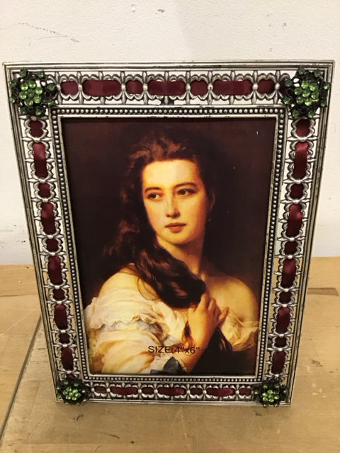 5"x7" Pewter Metal Burgandy Ribbon Green Stones Photo Frame