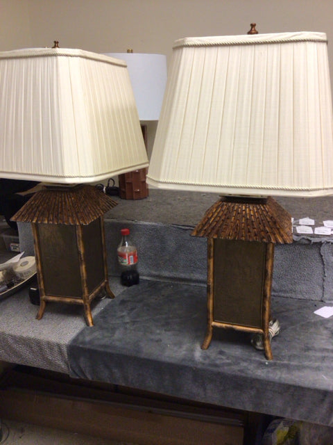 31 1/2" Pair Of Pride Sasser Asian Style Table Lamps W/Shades