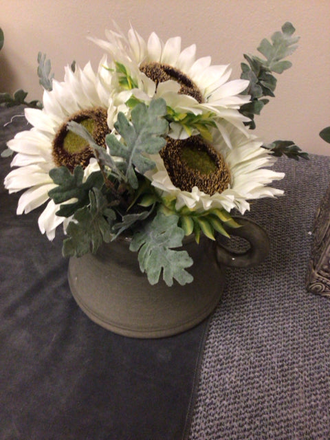 Faux Sun Flowers In Green Ceramic Jug
