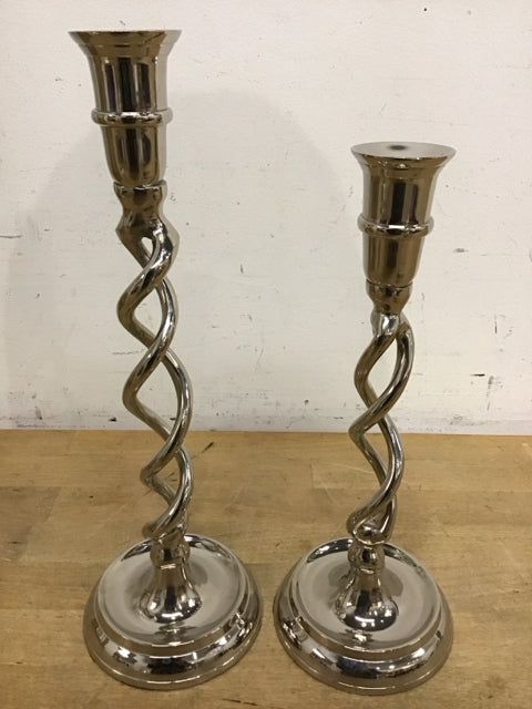 Set Of 2 13" & 11.5" Twisted Silver Candle Holders