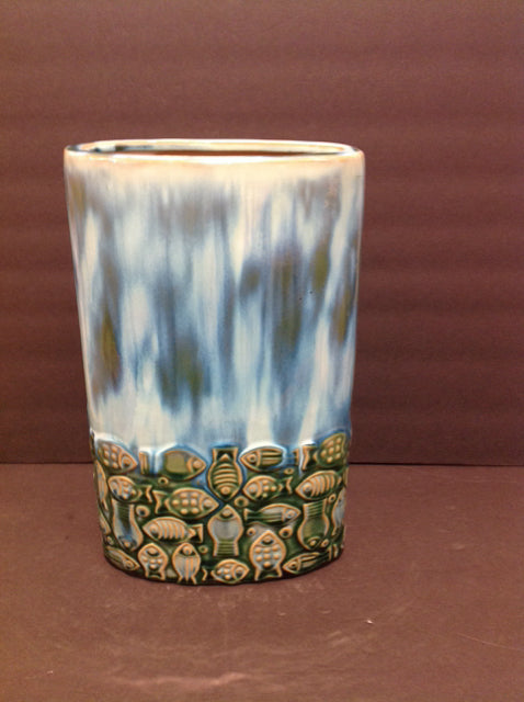 14" Blue/Green Ceramic Oval Vase w/Fish